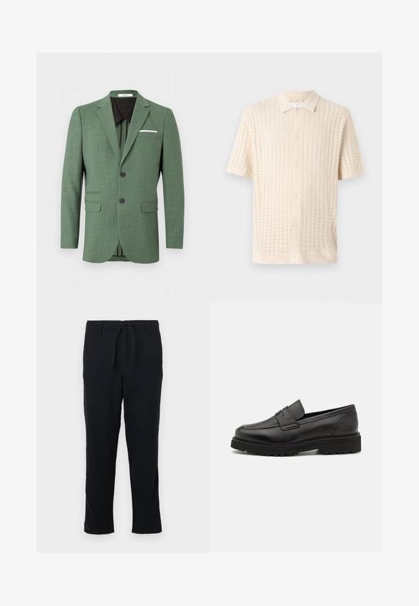 Grøn herre enkelt-breasted blazer med to sorte knapper, notch revers, klaplommer og hvid lommetørklæde, vist på en ensfarvet baggrund.; Kortærmet skjorte med knaplukning i lys creme, med et struktureret strikkemønster, krave og fem knapper ned ad fronten.; Sorte bukser lavet af blødt stof med elastisk talje, lige ben og simpel kant uden lommer eller udsmykninger.; Sort læder loafersko med rund tå, syningsdetaljer og en tyk, struktureret sål. Har et elegant, minimalistisk design.