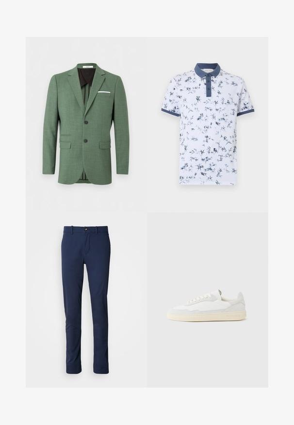 Veste blazer verte pour homme à simple boutonnage avec deux boutons noirs, revers crantés, poches à rabat et pochette blanche, présentée sur un fond uni.; Polo blanc à manches courtes avec imprimé floral bleu, col bleu marine, patte de boutonnage et poignets de manches bleu marine.; Pantalon bleu marine en tissu lisse, avec un design à jambes droites, une fermeture éclair et une poche avant unique avec une fermeture à bouton.; Baskets blanches avec dessus en daim et cuir texturé. Caractérisées par un bout arrondi, une fermeture à lacets et une semelle en caoutchouc beige contrastante.