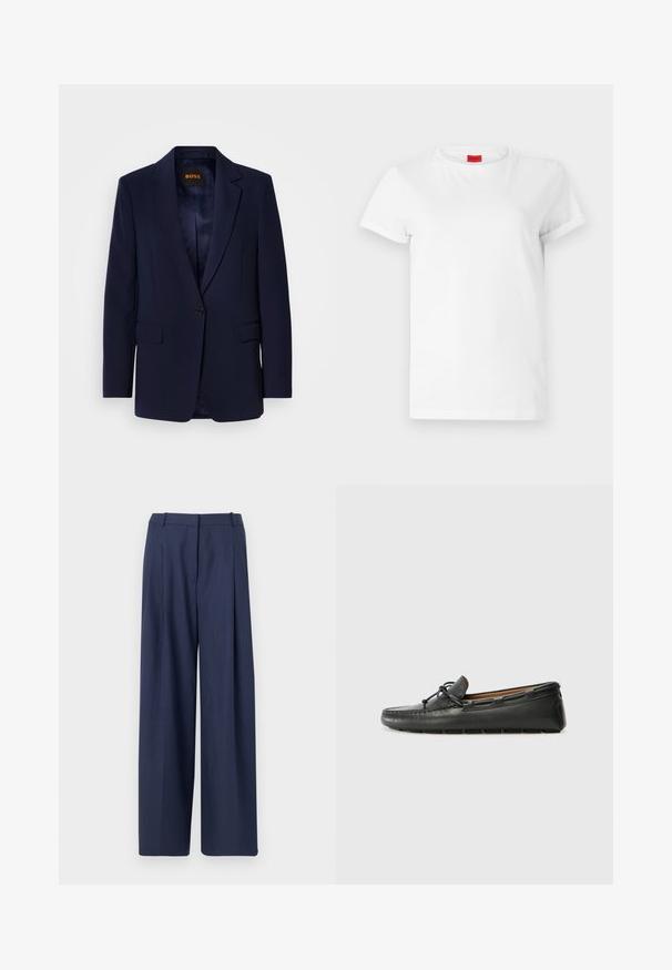 Marineblazer i glat stof med enkelt knappelukning, hakket revers, to forlommer og foret indre.; Hvid kortærmet t-shirt lavet af letvægts bomuld. Har en rund halsudskæring og rullede ærmer. Rød logoetiket på kraven.; Marineblå, vide bukser lavet af struktureret stof, med en plisseret front og et struktureret taljeområde med bæltestropper.; Sorte læder bådsko med afrundet tå, stikninger, lille sløjfedetalje og gummisål. Glat tekstur og strømlinet design.