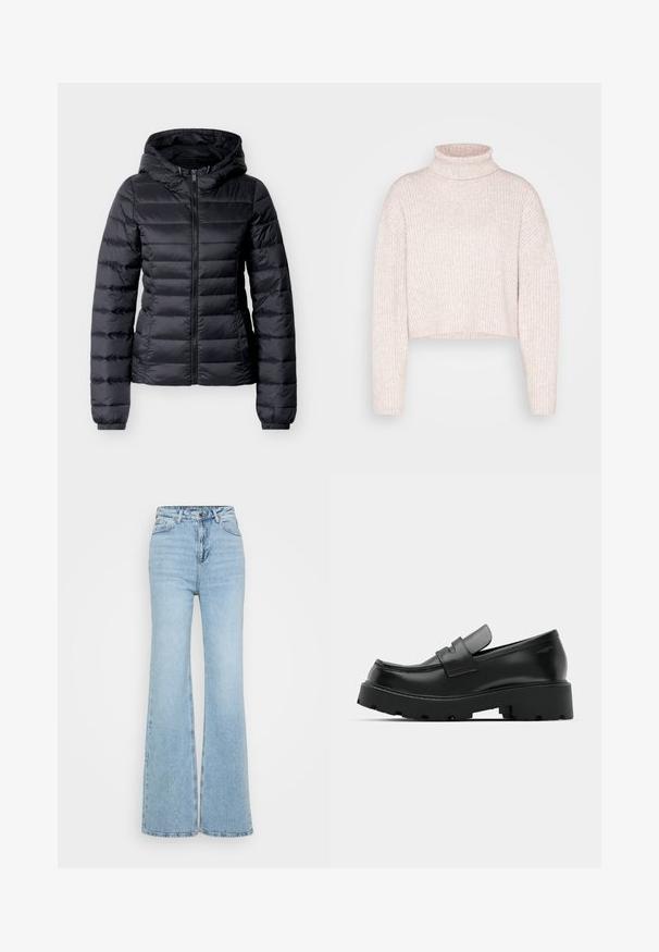 Black quilted puffer jacket with hood, front zipper, long sleeves, and elastic cuffs on a plain light background.; Light pink ribbed turtleneck sweater, cropped length, with long sleeves and a soft texture. Minimalist design without any visible hardware.; Light blue flared jeans made of denim, featuring a high waist, five-pocket design, and a raw hem at the bottom. Texture is slightly worn.; Black leather loafers with a chunky textured sole, featuring a strap over the vamp and smooth, polished finish.