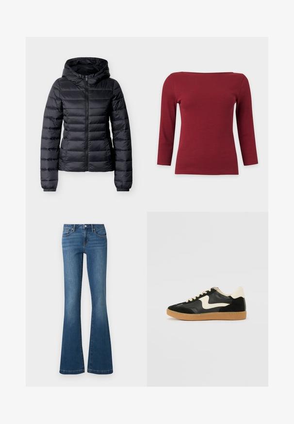Veste matelassée noire avec capuche, fermeture éclair frontale, manches longues et poignets élastiques sur un fond clair uni.; Haut à manches longues côtelé rouge foncé uni avec un large col bateau et une silhouette ajustée sur fond gris clair.; Jean en denim bleu avec une taille haute, bouton et fermeture éclair à l'avant, style cinq poches, jambes évasées sur fond uni.; Baskets en daim et cuir noir avec un swoosh latéral crème et un talon crème clair. Dotées de lacets beige et d'une semelle en caoutchouc gomme.