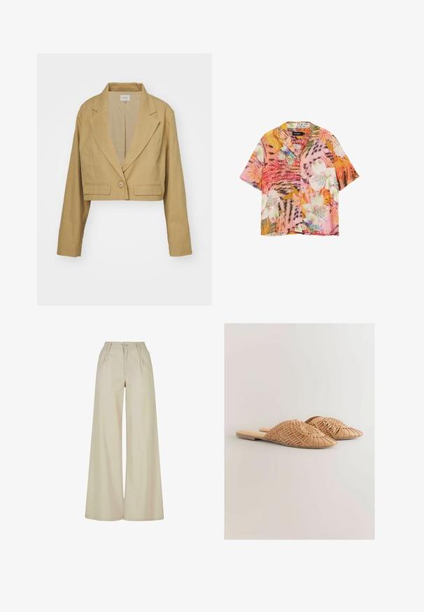 Blazer corto en lino marrón claro con solapas con muesca, cierre de un solo botón y costuras blancas que acentúan los bolsillos frontales.; Camisa de manga corta con botones y patrones vibrantes de flores y hojas tropicales en tonos rosa, naranja, blanco y verde.; Pantalones beige de pierna ancha con cintura alta, pliegues en la parte delantera, trabillas para cinturón y cierre con botón.; Sandalias deslizantes de cuero trenzado en color marrón claro, con un diseño de parte superior trenzada de gran tamaño y una suela plana. La punta afilada aporta un aspecto elegante.