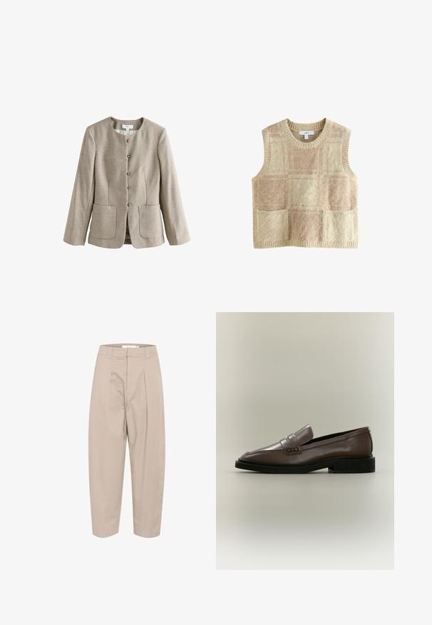 Blazer beige de mujer con mangas largas, escote redondo, cinco botones delanteros y dos bolsillos parche en la parte inferior delantera.; Suéter sin mangas color beige con patrón de cuadros, que cuenta con dos bolsillos frontales. Está hecho de una suave mezcla de lana con un cuello y dobladillo acanalados.; Pantalones de mezcla de algodón color beige con un ajuste holgado, que presentan pliegues en la parte delantera, una cinturilla y tobillos recortados. Diseño sencillo, sin patrones ni acentos.; Mocasín marrón de cuero sin cordones con suela negra y tacón bajo, con detalle de correa en la parte superior.