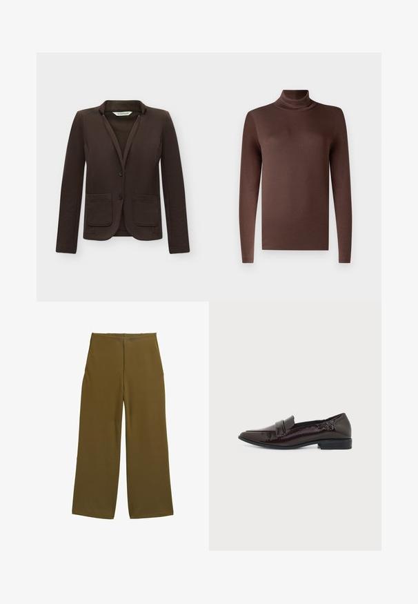 Mørkebrun tætsiddende blazer med to forlommer og to knapper, vist mod en ensartet hvid baggrund.; Brun langærmet turtleneck top lavet af et glat, strækbart materiale. Har en høj hals og en tætsiddende pasform, med en ren kant.; Bredde benbukser i olivengrønt stof, med en glat tekstur og ingen synlige lukninger. Designet til en afslappet pasform med rene linjer.; Skinnende mørkebrun læderloafer med lav hæl og rundet tå, med bred rem over vristen.