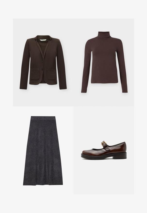 Veste cintrée marron foncé avec deux poches avant et deux boutons, présentée sur un fond blanc uni.; Chemise marron foncé à manches longues avec col roulé et silhouette ajustée sur un fond clair uni.; Jupe en maille gris foncé, longueur genou, avec une texture lisse et une ceinture. Silhouette en A avec un ourlet uniforme, conçue pour le confort et la polyvalence.; Chaussure Mary Jane marron foncé avec finition brillante, bout arrondi, petit talon bloc et bride avec boucle dorée sur le cou-de-pied.