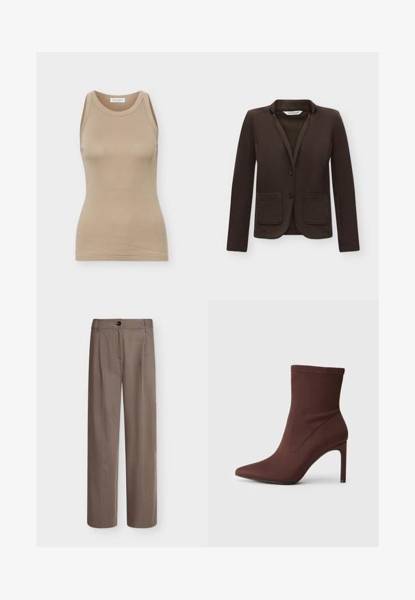 Veste cintrée marron foncé avec deux poches avant et deux boutons, présentée sur un fond blanc uni.; Débardeur beige ajusté pour femmes, sans manches, avec encolure ronde et étiquette Marc O'Polo à l'intérieur du col arrière.; Pantalon marron droit avec fermeture par bouton et zip, passants de ceinture et poches latérales sur fond uni.; Botte de cheville en tissu stretch marron avec un bout pointu et un talon stiletto de 10 cm. Détails de couture sur les côtés, texture lisse et sans fermetures visibles.