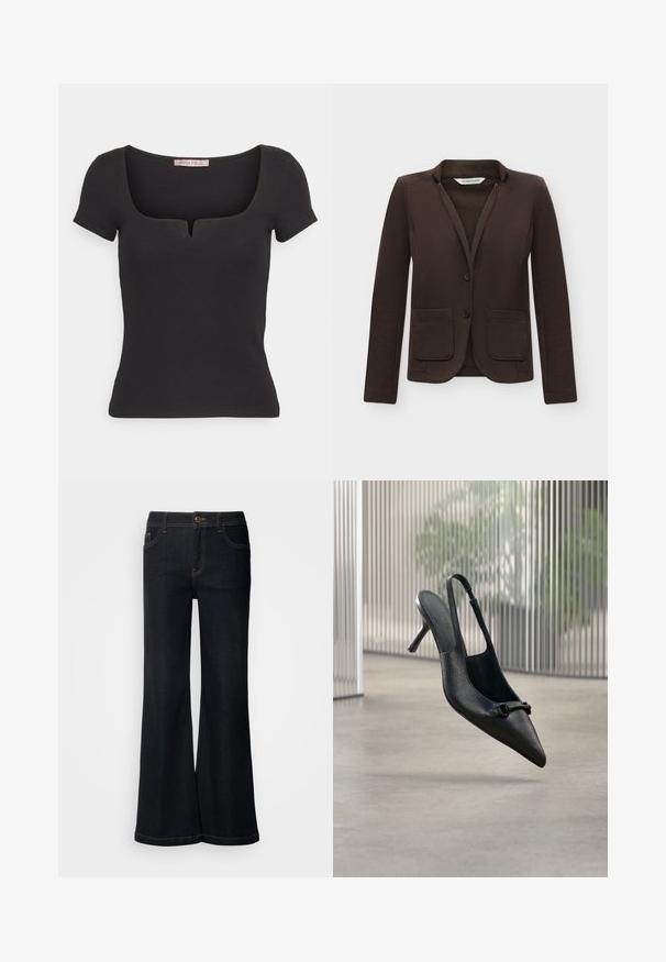Mørkebrun tætsiddende blazer med to forlommer og to knapper, vist mod en ensartet hvid baggrund.; Sort kortærmet top lavet af ribbet materiale, med en firkantet halsudskæring og en lille udskæring. Enkel, tætsiddende design.; Mos Mosh MMDARA DELUXE JEANS - Jeans Relaxed Fit - dark blue; Sort tekstureret læder slingback højhælet sko med spids tå og lille dekorativ spænde, svævende over en glat gulv.