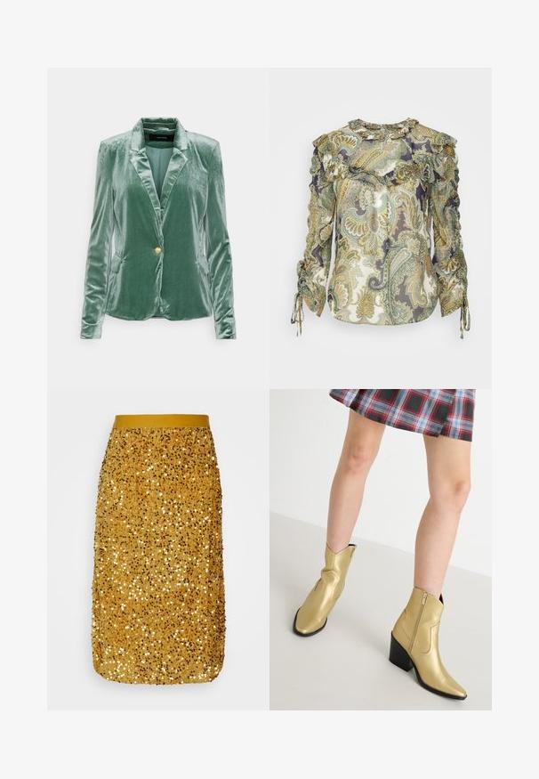 Vero Moda Tall Σακάκι - dark green; Veronica Beard HOWELL BLOUSE - Μπλούζα - green; VILA VISASSA MIDI SEQUINS SKIRT - Pencil φούστα - gold; Χρυσά μπότες αστραγάλου με μυτερή μύτη και μαύρο τακούνι. Κατασκευασμένα από στιλπνό, λείο υλικό, με πλευρικό φερμουάρ και ραμμένες λεπτομέρειες.