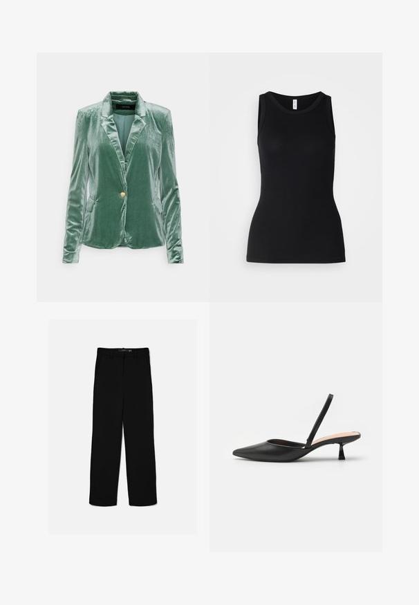 Vero Moda Tall Blejzer - dark green; Čierny bezrukávový top z rebrovanej tkaniny, s okrúhlym výstrihom a priliehavým strihom, s hladkou textúrou a bez vzorov.; Čierne nohavice s rovnými nohavicami, cvokmi na opasok, predným zipsom a bočnými vreckami, položené na svetlom pozadí.; Čierne slingback lodičky s ostrou špičkou, elegantným matným povrchom, nízkym uhlovým podpätkom a minimalistickým dizajnom. Obsahujú tenký remienok okolo členka.