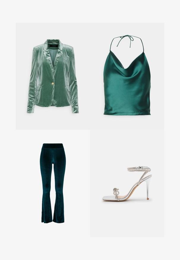 Vero Moda Tall Blejzer - dark green; Even&Odd Top - dark green; Zelenomodré zvonové nohavice z jemného zamatového materiálu, s vysokým pásom a hladkou textúrou, zúžené smerom k lemom so slabými rozparkami.; Strieborné sandále na vysokom podpätku so štvorcovou špičkou, kovovým materiálom, pásikom s kamienkami a nastaviteľnou sponou na členku.