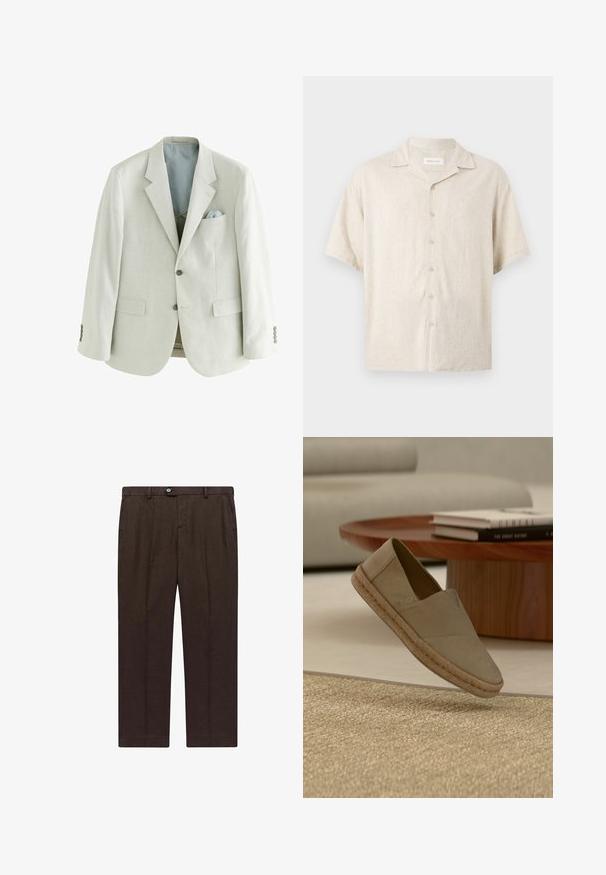 Lysebeige herreblazer med to knapper, notch revers, frontlommer med klap og en lyseblå lommetørklæde i brystlommen.; Beige kortærmet skjorte med knapper foran, camp-krave og en afslappet pasform, lavet af letvægtsstof.; Brune skræddersyede bukser lavet af letvægtsstof med lige ben, der har en frontlukning med knap og to sidelommer.; Beige slip-on sko med flettet sål svæver over et struktureret tæppe, med et rundt træbord og stablede bøger i baggrunden.
