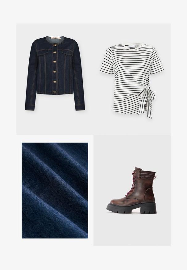 Dunkelblaue Jeansjacke mit rundem Ausschnitt, goldenen Knöpfen, Vorderseiten-Taschen und orangefarbenen Nähten. Verfügt über lange Ärmel und eine taillierte Passform.; Weißes Kurzarmhemd mit schwarzen horizontalen Streifen und einer an der rechten Seite in der Nähe der Taille gebundenen Schleife.; Dunkelblauer Jeansstoff mit einer glatten Textur, der sichtbare diagonale Webmuster sowie subtile Farb- und Glanzvariationen aufweist.; Braune Lederknöchel-Stiefel mit einer dicken schwarzen Sohle, runder Zehenform und weinroten Schnürsenkeln. Verfügt über einen gepolsterten Schaftrand und eine Zuglasche für ein einfaches Anziehen.