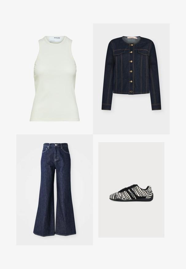 Chaqueta de mezclilla oscura con cuello redondo, botones dorados, bolsillos delanteros y costuras naranjas. Cuenta con mangas largas y un diseño ceñido.; Camiseta sin mangas blanca acanalada con escote redondo de Selected Femme, mostrando vista frontal sin patrones ni decoraciones.; Jeans de mezclilla oscura con campana y cintura alta, que presentan un cierre de botón y cremallera. Las costuras blancas y las piernas anchas crean una silueta estructurada.; Zapatilla de perfil bajo con rayas de cebra en blanco y negro, cordones negros y suela negra texturizada, vista de lado sobre un fondo blanco.