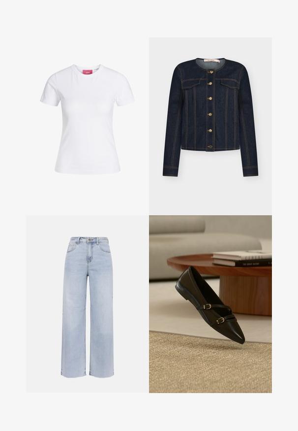 Mørk denimjakke med rund halsudskæring, knapper i guld, forlommer og orange syninger. Har lange ærmer og et tætsiddende design.; Hvid slimfit t-shirt med korte ærmer og rund halsudskæring med en lyserød JJXX-label indeni kraven, vist mod en ensfarvet baggrund.; Lyseblå high-waist jeans med vide ben, frontknapper og lynlås, to lommer foran og to lommer bagpå samt rå kanter.; Sort flad sko med spids snude og to tynde remme med spænder, der svæver over et beige tæppe, med et bord i træ og bøger i baggrunden.