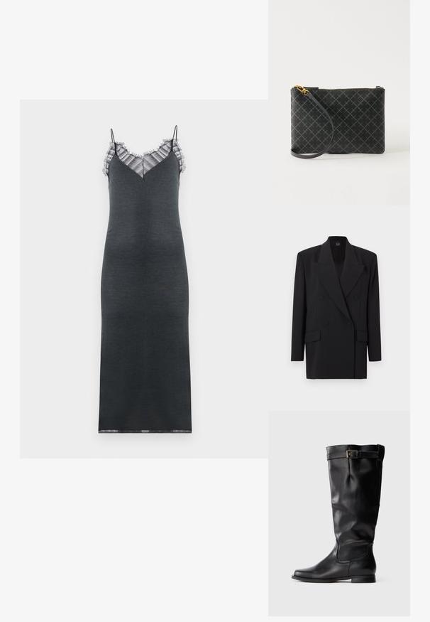 Zwarte dubbelgeknoopte blazer met notched revers, zijzakken en getextureerde stof. Voorzien van twee knopen en lange mouwen.; Donkergrijze mouwloze jurk met een aansluitende pasvorm, voorzien van een ruches kantafwerking langs de V-hals en een zachte textuur.; Zwarte leren kniehoge laars met een afgeronde neus, een lage hak en een decoratieve riem met een gouden gesp dichtbij de bovenkant.; Zwarte polstas met grijs diamantenpatroon, gouden ritssluiting en afneembare band op een effen lichte achtergrond.