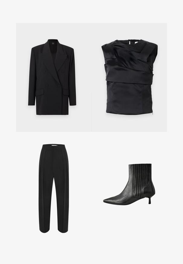 Schwarzer doppelseitiger Blazer mit Notch-Revers, Seitentaschen und strukturierter Stoffoberfläche. Verfügt über zwei Knopfverschlüsse und lange Ärmel.; Schwarzes Satin-Top mit strukturiertem Design, breiten Schultern und asymmetrischem Vorderteil, das hinten mit einem Reißverschluss geschlossen wird.; Schwarze weit geschnittene Hose mit hoher Taille, aus einem glatten Material und mit zwei vorderen Falten. Entworfen in einem klaren, maßgeschneiderten Schnitt.; Schwarze Leder-Stiefelette mit einer spitzen Zehenform, geribbeltem Seitendesign und einem niedrigen, quadratischen Absatz. Glatte Textur mit glänzendem Finish.