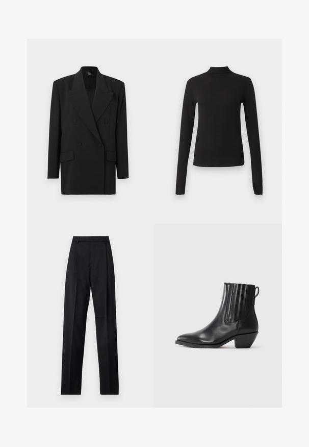 Blazer noir croisé avec revers à encoche, poches latérales et tissu texturé. Il comporte deux boutons et des manches longues.; Haut noir ajusté à manches longues avec col montant, présenté sur un fond gris clair uni.; Pantalon noir en tissu lisse avec taille haute, jambes larges, plis à l'avant et passants de ceinture classiques. Pas de poches latérales visibles.; Bottine noire en cuir avec panneaux latéraux élastiques, bout pointu et talon bloc. Texture lisse et design épuré mettent en valeur son style moderne.