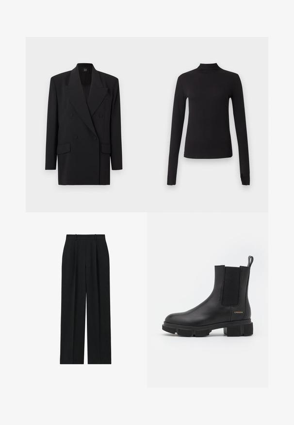 Sort dobbeltradet blazer med hakkede revers, sidelommer og tekstureret stof. Har to knapper og lange ærmer.; Sort langærmet tætsiddende top med høj hals, vist på ensartet lysegrå baggrund.; Reiss PETITE FIT - EDEN ELASTICATED WAIST WIDE - Bukser - navy; Sorte læder ankelstøvle med elastiske sidepaneler og en kraftig mønstret sål. Har en pull tab og guld branddetalje. Mat finish.