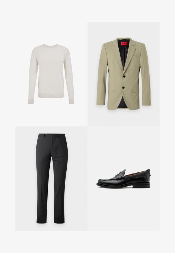 Lys grøn blazer med klapkraver, to sorte knapper og en brystlomme. Har en kontrasterende sort satinforing.; Cremefarvet strikket sweater, rund hals, lange ærmer, ribbede manchetter og kant. Blød tekstur, enkelt design og letvægtsmateriale.; Skræddersyede mørkegrå bukser med en glat tekstur, slim fit, flad front og standard talje. Har pressede folder og ingen synlige mønstre.; Sort læder herre loafer med moc-tå syning, penny strop, struktureret krave og lav stablet hæl på hvid baggrund.