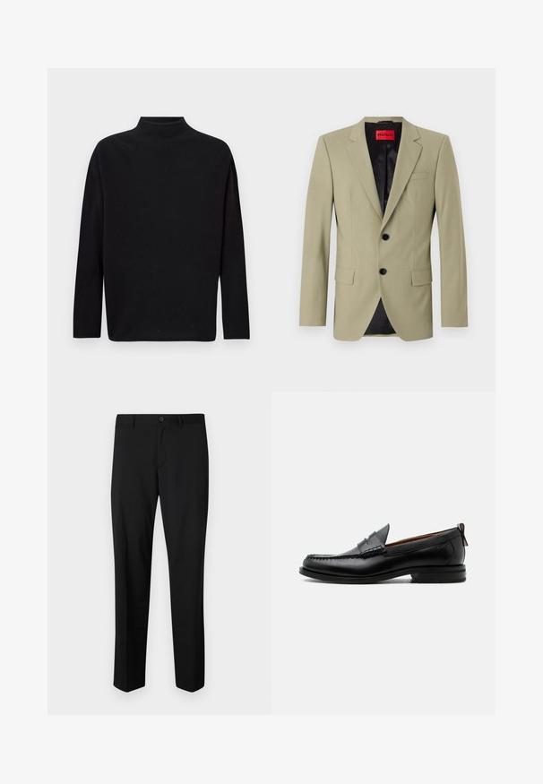 Blazer verde claro con solapas de muesca, dos botones negros y un bolsillo en el pecho. Presenta un forro de satén negro contrastante.; Suéter negro de cuello alto, hecho de un suave material de punto, con mangas largas, corte holgado y un escote alto. Sin patrones ni herrajes visibles.; Pantalones de traje negros con frente plano, cintura estándar y piernas rectas. Hechos de una tela suave, con un cierre de botón único.; Mocasín de hombre de piel negra con costura moc toe, tira penny, cuello texturizado y tacón bajo apilado sobre fondo blanco.