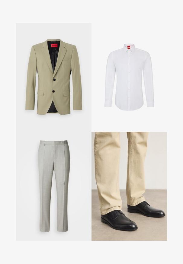 Lichtgroene blazer met notch lapels, twee zwarte knopen en een borstzak. Voorzien van een contrasterende zwarte satijnen voering.; Witte langemouwen blouse met een geknoopt kraagje, voorzien van een knoopsluiting aan de voorkant en zachte, gladde stof. Geen patronen of accenten zichtbaar.; Lichtgrijze, op maat gemaakte broek van gladde stof, met een rechte snit, voorplooien en een klassieke tailleband met riemlussen.; Zwarte leren veterschoenen met een ronde neus, een gladde afwerking en subtiele stikdetails, gedragen met lichtbeige broeken.