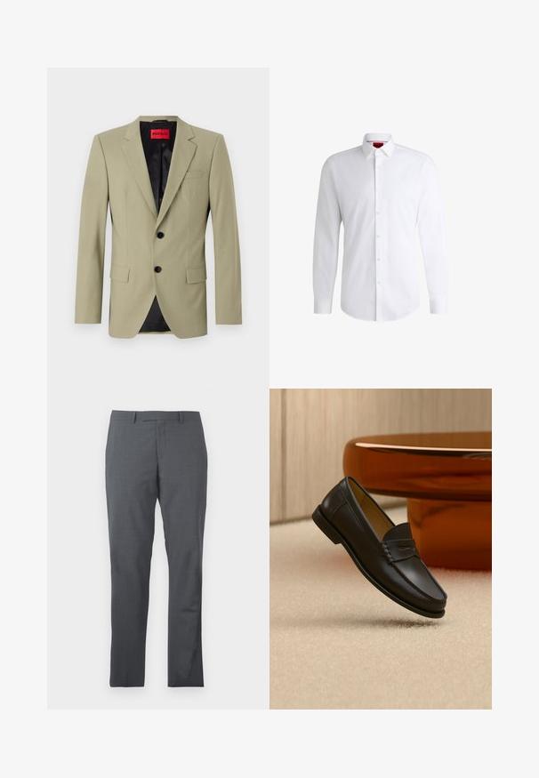 Blazer verde claro con solapas de muesca, dos botones negros y un bolsillo en el pecho. Presenta un forro de satén negro contrastante.; Camisa blanca de botones, confeccionada en tela suave, con collar clásico, mangas largas y dobladillo curvado. Presenta botones beige en la parte delantera.; Pantalones de vestir grises con una tela suave y texturizada. Diseño slim fit, con delantero liso y sin adornos ni bolsillos visibles.; Zapato mocasín de cuero negro suspendido sobre una alfombra beige con muebles modernos de color ámbar en el fondo.