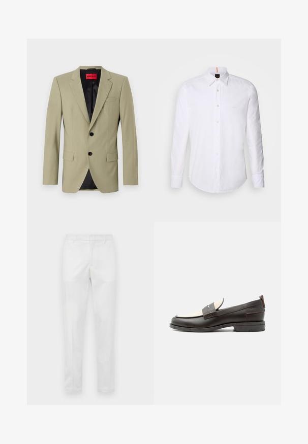 Lichtgroene blazer met notch lapels, twee zwarte knopen en een borstzak. Voorzien van een contrasterende zwarte satijnen voering.; Witte langwerpige overhemd met lange mouwen van katoen, met een klassieke kraag, een subtiel logo dicht bij de borst en witte knopen.; Slim-fit witte broek met riemlussen, ritssluiting aan de voorkant en zijzakken, plat weergegeven op een neutrale achtergrond.; Donkerbruine leren herenloafer met crèmekleurig stoffen paneel en klassiek doorgestikt riemdetail, platte zool en trekhaak bij de hak.