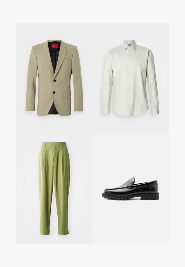 Blazer vert clair avec revers en pointe, deux boutons noirs et une poche poitrine. Possède une doublure en satin noir contrastante.; Chemise à manches longues vert clair, à boutons, avec un col structuré, texture unie et patte de boutonnage à l'avant avec des boutons blancs.; Pantalons vert clair en tissu texturé, présentant une coupe droite, des plis à l'avant et une taille standard.; Mocassin en cuir noir avec semelle en caoutchouc épaisse, dessus cousu et nom de marque embossé sur le talon, présenté de profil sur fond blanc.