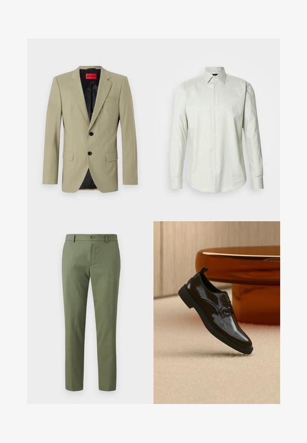 Hellgrüner Blazer mit Revers, zwei schwarzen Knöpfen und einer Brusttasche. Verfügt über ein kontrastierendes schwarzes Satinfutter.; Helles grünes Langarm-Hemd mit Knopfleiste, strukturiertem Kragen, schlichter Textur und Vorderknopfleiste mit weißen Knöpfen.; Grüne Hosen aus strukturiertem Stoff, mit schmalem Schnitt, geraden Beinen und einem Frontknopfverschluss. Geeignet für Freizeit- oder formelle Anlässe.; Schwarzer glänzender Lederschnürschuh, der über einem beigen Teppich mit einem glänzenden braunen runden Tisch im Hintergrund schwebt.