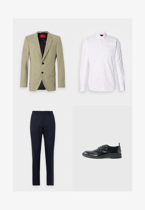 Hellgrüner Blazer mit Revers, zwei schwarzen Knöpfen und einer Brusttasche. Verfügt über ein kontrastierendes schwarzes Satinfutter.; Weißes Langarm-Hemd mit Knopfleiste, klassischem Kragen und einer glatten Baumwolltextur.; Marineblaue, maßgeschneiderte Herrenhosen mit subtilen Karomuster, Gürtelschlaufen und Bügelfalte, frontal auf weißem Hintergrund präsentiert.; Glänzender schwarzer Lederschuh mit niedrigem Absatz, Schnürverschluss und runder Kappe, seitlich auf hellem, schlichten Hintergrund gezeigt.