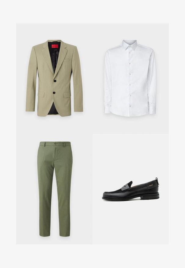 Lichtgroene blazer met notch lapels, twee zwarte knopen en een borstzak. Voorzien van een contrasterende zwarte satijnen voering.; Witte lange mouw shirt gemaakt van gladde stof, met een klassieke kraag, knoopsluiting en manchetten met knopen, gepresenteerd tegen een effen achtergrond.; Groene broek van textuurstof, met een slim fit, rechte pijpen en een sluiting met een knoop aan de voorkant. Geschikt voor casual of formele kleding.; Zwarte leren loafer met grijs riemdetailelement, lage hak en gestructureerde zool, aan de zijkant gebrandmerkt met "HUGO" in goud.