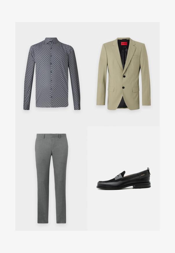 Blazer vert clair avec revers en pointe, deux boutons noirs et une poche poitrine. Possède une doublure en satin noir contrastante.; Chemise à manches longues de couleur bleu marine foncé avec un motif floral blanc répété. Dotée d'un col pointu et de boutons sur le devant. Texture de tissu lisse.; Pantalons gris ajustés avec une texture lisse, design à jambe droite, passants de ceinture et un motif chevron subtil sur l'ensemble.; Mocassin en cuir noir avec détail de bride grise, talon bas et semelle texturée, marqué "HUGO" en or sur le côté.
