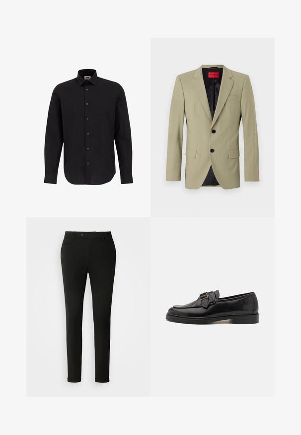 Blazer vert clair avec revers en pointe, deux boutons noirs et une poche poitrine. Possède une doublure en satin noir contrastante.; Chemise noire à manches longues, à boutons, en tissu tissé, avec un col classique, un ourlet droit et des boutons noirs sur le devant.; Pantalons noirs ajustés avec une coupe slim, un design élégant et des passants de ceinture, un seul poche arrière et une texture de tissu lisse.; Mocassins en cuir noir avec un bout arrondi et une boucle décorative. Talon plat, solide et texture lisse sur l'ensemble.