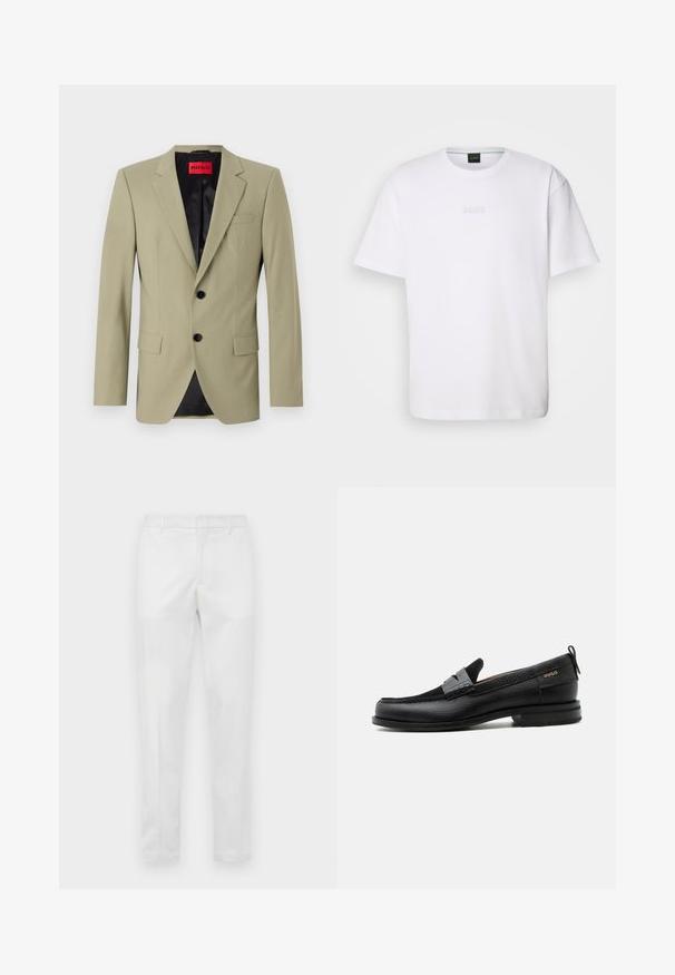 Lys grøn blazer med klapkraver, to sorte knapper og en brystlomme. Har en kontrasterende sort satinforing.; Hvid bomulds T-shirt med korte ærmer, rund halsudskæring og præget "BOSS" logo på brystet. Glat tekstur, standard pasform.; Slanke hvide bukser med bæltestropper, front lynlås og sidelommer, vist fladt på en neutral baggrund.; Sort læderloafer med grå remdetalje, lav hæl og tekstureret sål, mærket med "HUGO" i guld på siden.