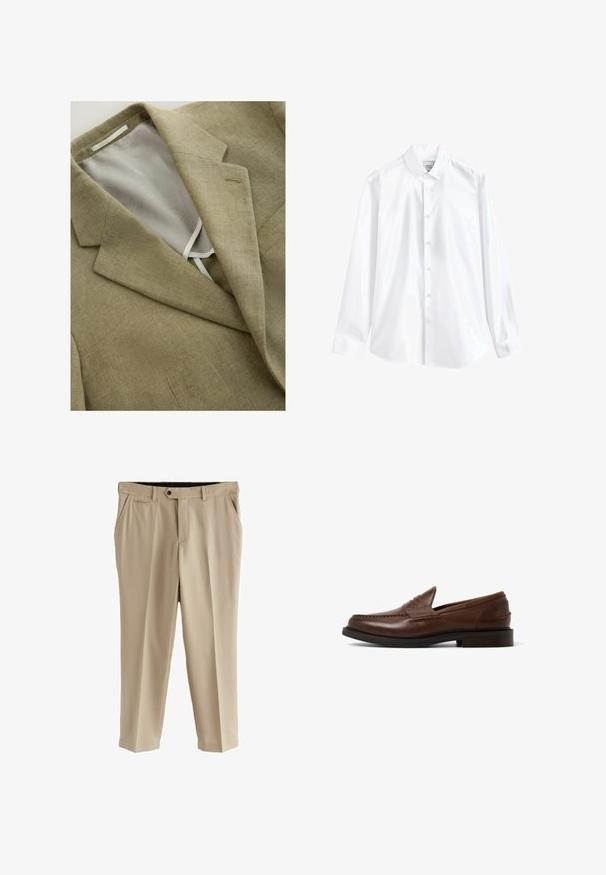 Beige hørblazer med hakkrave og synlig indvendig satinforing med et subtilt blomsterprint.; Hvid langærmet skjorte med knapper, knaplukket krave, synlig mærkat indeni nakken og plisserede manchetter på ærmerne.; Beige bukser lavet af glat stof, med flad front, sidelommer og en enkelt baglomme. Standard talje med knaplukning.; Brune læder loafers med en rund tå, indsat syningsdetalje og en lav stablet hæl. Glat tekstur og minimalistisk design.