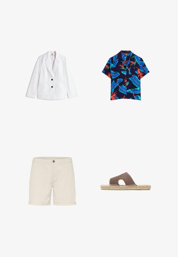 Blazer de lino blanco con solapas de muesca, dos botones negros y dos bolsillos delanteros de parche. Terminado con un sutil logo en la manga.; Camiseta de manga corta en azul marino con un vibrante patrón de hojas tropicales turquesas y rojas, con cierre de botones en la parte delantera y un bolsillo en el pecho.; Bermudas de algodón de color beige claro con cierre de botón, puños doblados y bolsillos laterales. Textura suave y diseño ajustado para mayor comodidad.; Sandalia tipo slide de ante marrón con grandes recortes laterales y suela plana trenzada de yute sobre fondo blanco.
