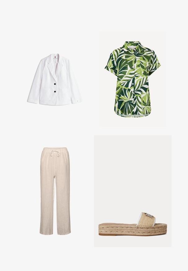Blazer de lino blanco con solapas de muesca, dos botones negros y dos bolsillos delanteros de parche. Terminado con un sutil logo en la manga.; Camisa de manga corta con botones, con estampado de hojas tropicales verdes y blancas y un bolsillo en el pecho, mostrada sobre fondo blanco.; Pantalones de lino en beige claro con cintura elástica y cordón, que presentan un corte relajado y diseño de pierna recta.; Sandalia plana tipo slide con suela plataforma de yute tejido y tira beige texturizada con un pequeño emblema decorativo plateado.