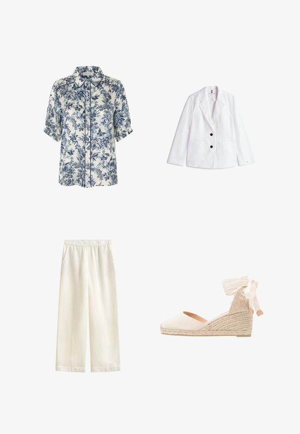 Blazer en lin blanc avec revers crantés, deux boutons noirs et deux poches plaquées à l'avant. Fini avec un logo discret sur la manche.; Chemisier blanc à manches courtes avec imprimé botanique et papillons bleu marine, col pointu, boutons sur le devant et poignets froncés.; GANT BLEND PULL ON PANTS - Pantalon classique - eggshell; Escarpin compensé en toile beige avec un dos texturé, un ruban de cheville crème et une semelle en jute tressé. Bout arrondi avec un léger talon.