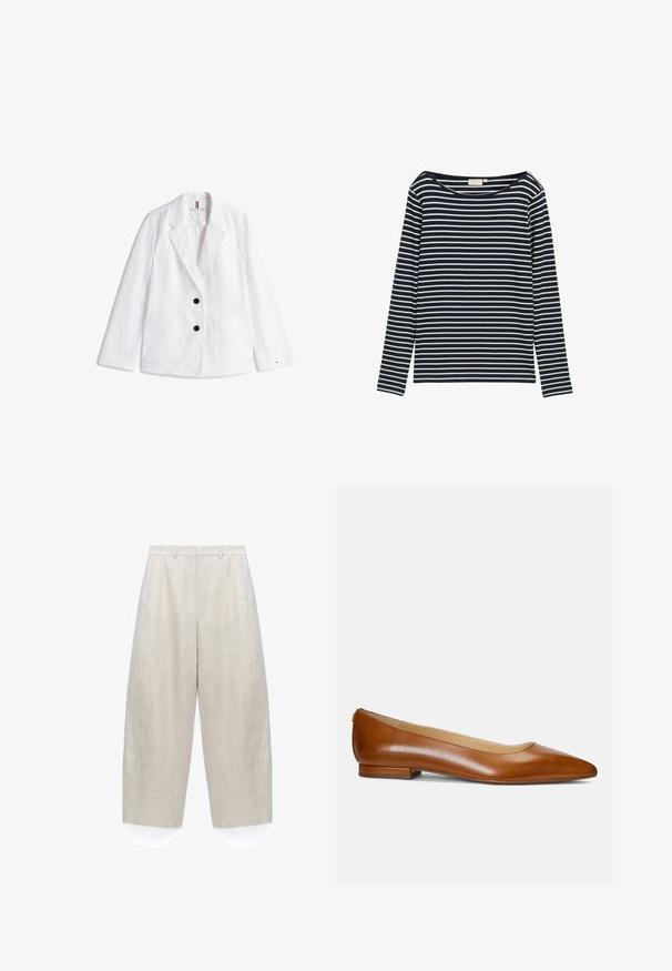 Blazer en lin blanc avec revers crantés, deux boutons noirs et deux poches plaquées à l'avant. Fini avec un logo discret sur la manche.; Shirt rayé bleu marine et blanc à manches longues avec un grand col, fabriqué à partir d'un matériau doux, présentant des rayures horizontales uniformément espacées.; Pantalon beige à jambes larges avec poches latérales, passants pour ceinture et taille haute, fabriqué en tissu léger texturé.; Chaussure plate en cuir marron à bout pointu pour femme, avec un petit talon et une finition lisse, montrée de profil sur fond neutre.