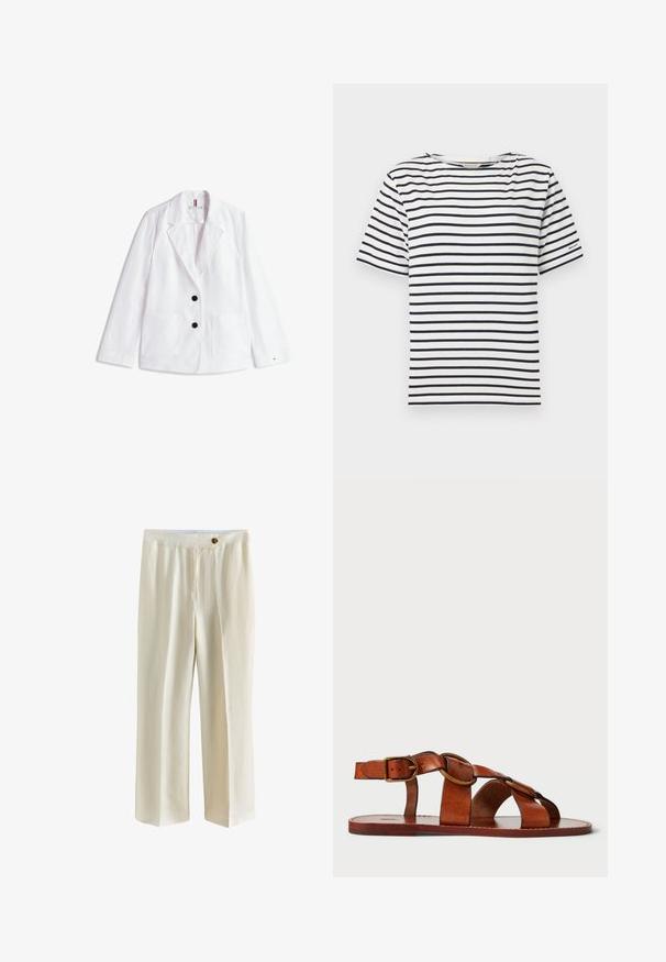 Blazer en lin blanc avec revers crantés, deux boutons noirs et deux poches plaquées à l'avant. Fini avec un logo discret sur la manche.; T-shirt blanc avec des rayures horizontales bleu marine, col rond, manches courtes et un petit logo sur la manche gauche. En matière coton.; Pantalon large couleur crème avec pli à l'avant, taille avec ceinture et fermeture à un bouton en haut à droite.; Sandale en cuir marron avec un design de bride horizontale et circulaire, semelle plate et accent de boucle métallique, présentant une texture lisse.