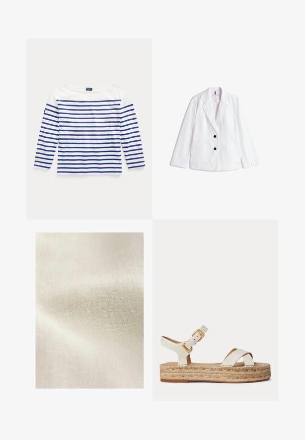 Witte linnen blazer met geknipte revers, twee zwarte knopen en twee voorzakken met klep. Afgewerkt met een subtiele logo op de mouw.; Lange mouw top in witte katoen met horizontale blauwe strepen. Heeft een bootnek en een klein logolabel op de linkermouw.; Lichtbeige gemêleerde stof met een geweven patroon, die subtiele variaties in kleur en oppervlakte details toont. Over het algemeen een zachte, gladde textuur.; Witte leren platformsandaal met geweven jutezool, gouden gesp enkelbandje en gekruiste voorste bandjes op effen achtergrond.