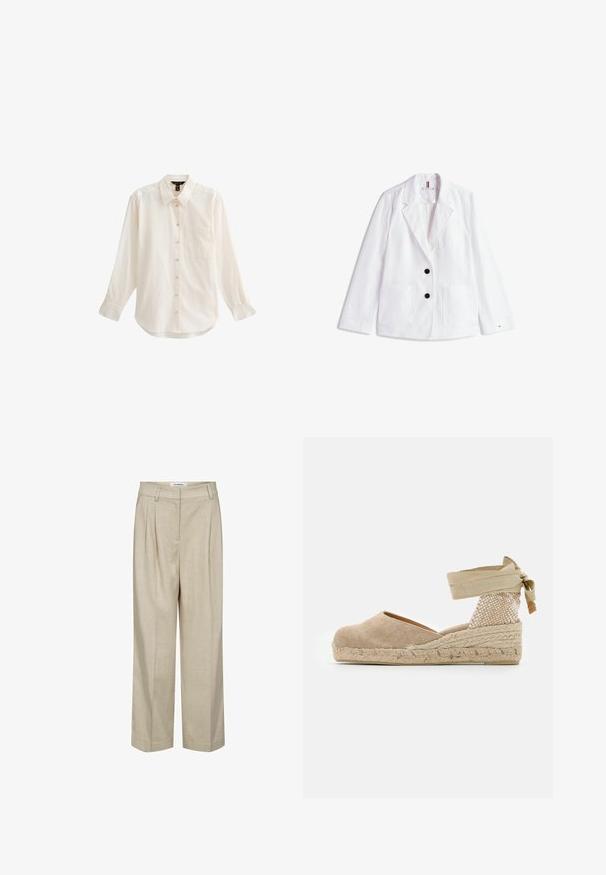 Witte linnen blazer met geknipte revers, twee zwarte knopen en twee voorzakken met klep. Afgewerkt met een subtiele logo op de mouw.; Lichtgekleurde, langmouwige blouse met knopen, voorzien van een kraag, een enkele borstzak en een zachte textuur met een licht gebogen zoom.; Beige, high-waisted broek met wijde pijpen, riemlussen en voorplooien, ontworpen voor een ontspannen maar verzorgde pasvorm.; Beige espadrille met een canvas bovenwerk, een gestructureerde geweven hak en een gevlochten juten zool; heeft een gestrikte enkelband voor een veilige pasvorm.