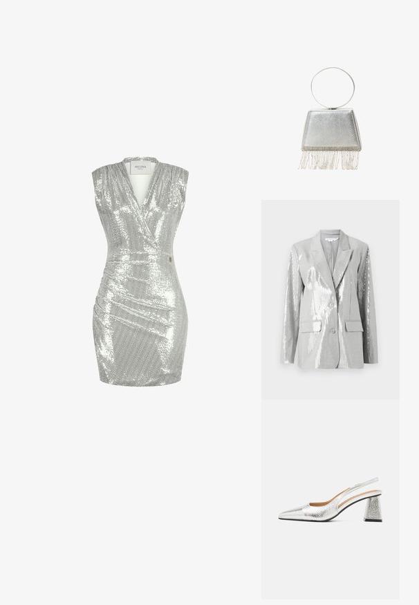 Good American Blazer - grey; Sølvglitrende kjole med dyb V-hals, ærmeløst design og rynket tekstur, der har en slank, tætsiddende form og metalliske detaljer.; Sølv slingback stiletto med spids tå, teksturelt metallic finish og en triangulær blokhæle. Indersiden har brune læderdetaljer.; Sølvmetallic clutch taske med en tekstureret overflade, trekantet form og dekorativt frynse nederst. Inkluderer et rundt håndtag.