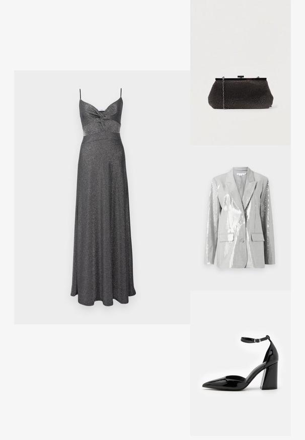 Good American Blazer - grey; Zilverkleurige maxi-jurk met een nauwsluitende lijfje, verstelbare spaghettibandjes en een uitgerokte rok. Gelaagd, glanzend stof door de hele jurk.; Zwarte lakleren hoge hak met een spitse neus, enkelbandje en brede blokhak voor stabiliteit, met een gladde glanzende textuur.; Zwarte mesh clutchbag met een gestructureerde silhouette, versierd met kleine metalen studs, heeft een sluiting met een klapmechanisme en een afneembare kettingriem.