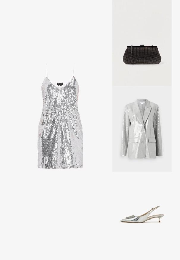 Good American Blazer - grey; Zilveren paillettenjurk met dunne bandjes, voorzien van een aansluitende taille en een losse rok. Glad stoffen rug met een glinsterend, reflecterend oppervlak.; Zilverkleurige metallic slingback schoen met een spitse neus, versiering op de vamp en een lage kittenhak. Glad, reflecterend oppervlak.; Zwarte mesh clutchbag met een gestructureerde silhouette, versierd met kleine metalen studs, heeft een sluiting met een klapmechanisme en een afneembare kettingriem.