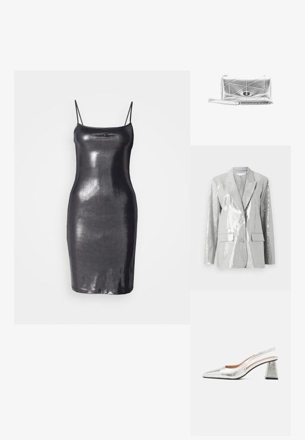 Good American Blazer - grey; Sort, ærmeløs bodycon kjole lavet af skinnende, reflekterende materiale. Den har tynde stropper og en lige kant. Logo-detalje på fronten.; Sølv slingback stiletto med spids tå, teksturelt metallic finish og en triangulær blokhæle. Indersiden har brune læderdetaljer.; Lille metallic sølv håndtaske med quiltet diagonalt syning, et drejelås-lås og en sølvkæde-rem med læderdetalje.