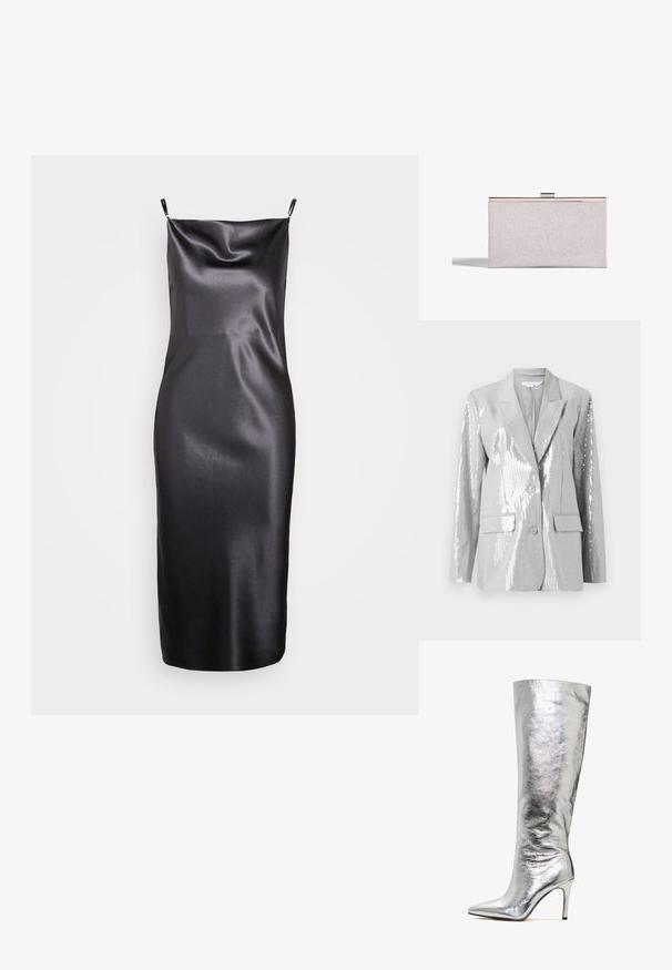 Good American Blazer - grey; Samsøe Samsøe FREDERICKA LONG DRESS - Robe de soirée - ombre dark; Bottes métalliques argentées montantes jusqu'au genou, avec un bout pointu et un talon stiletto, présentant une texture lisse et brillante ainsi qu'un design élégant et ajusté.; Pochette rectangulaire argentée pailletée avec cadre métallique et fermeture à fermoir, projetant une ombre sur un fond blanc.