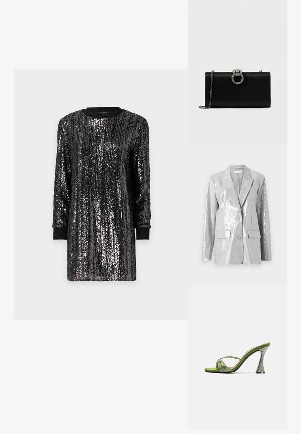 Good American Blazer - grey; Zwarte paillettenjurk met lange mouwen, ronde halslijn en contrasterende zwarte boorden. Heeft verticale paillettenpatronen voor textuur.; Groene satijnen open teen sandaal met kruislings banden, versierd met rhinestones. Heeft een hoge, architectonische hak met een gestructureerde afwerking.; Zwarte satijnen clutch met een zilverkleurige ronde sluiting versierd met rhinestones, heeft een afneembare kettingriem.