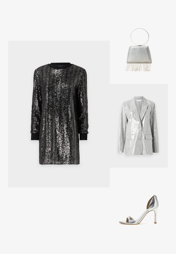 Good American Blazer - grey; Schwarzes Pailletten-Kleid mit langen Ärmeln, rundem Ausschnitt und kontrastierenden schwarzen Manschetten. Verfügt über vertikale Paillettenmuster für Textur.; Silberne metallic High-Heel-Sandale mit offenem Zehenbereich, Knöchelriemen und schlankem Stilettoabsatz auf weißem Hintergrund.; Silberne Metallic-Clutch mit einer strukturierten Oberfläche, dreieckiger Form und dekorativer Fransenverzierung am Boden. Sie verfügt über einen runden Griff.