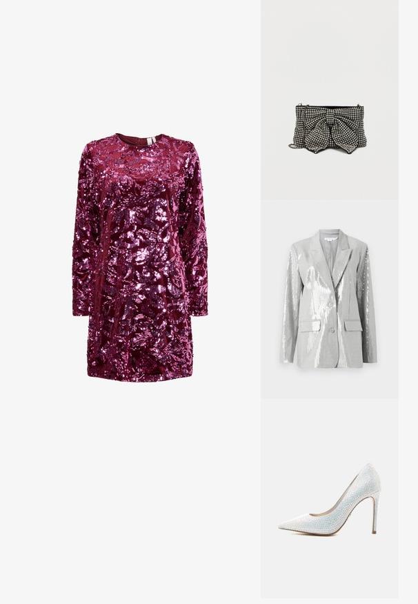Good American Blazer - grey; Robe bordeaux à paillettes avec manches longues, encolure ronde et motif floral texturé. Le tissu est brillant avec une texture moelleuse.; Chaussure à talon stiletto blanc à bout pointu recouverte de petits strass irisés sur un fond blanc uni.; Sacoche noire ornée d'un grand nœud, décorée de clous en argent, avec une bandoulière en chaîne et une surface texturée qui capte la lumière.